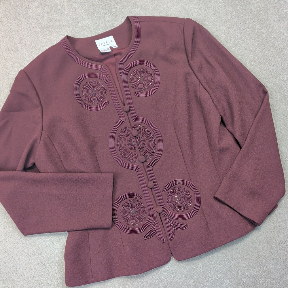 Papell Petites 14P Vintage Blazer Size 14 Petite Burgundy Soutache Beaded Jacket
